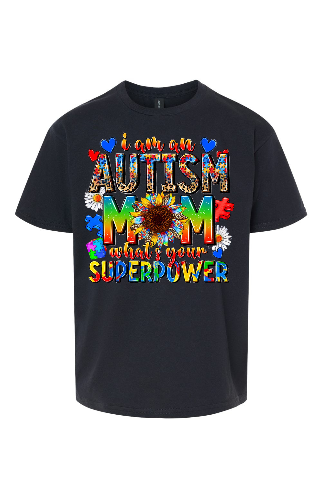 Autism Mom T-Shirt – “I Am an Autism Mom, What’s Your Superpower?” Puzzle Piece &amp; Sunflower Design